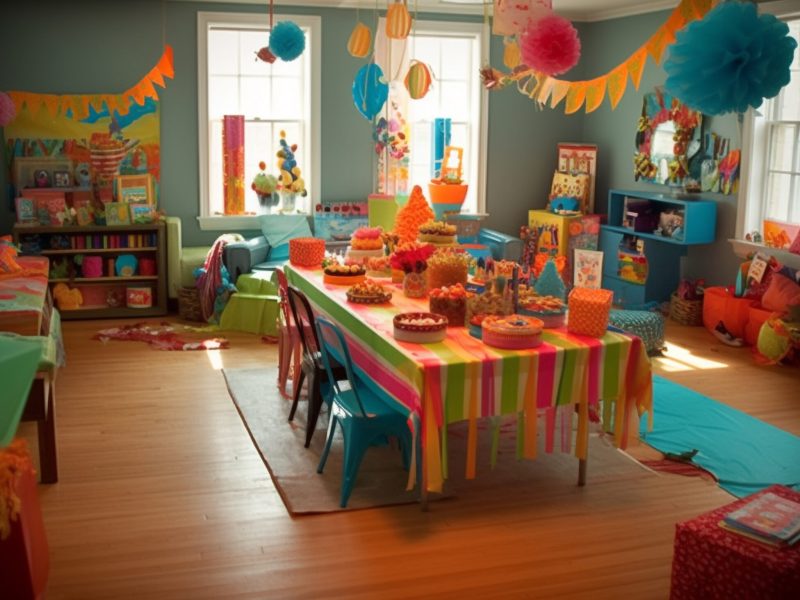 Bright, colorful playroom with toys, table, and comfortable sofa generated by artificial intelligence